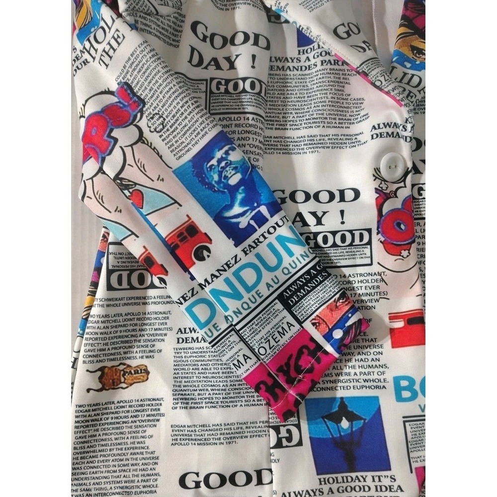 Touch Me Newspaper Print Blazer Women's Jacket Sz Large Padded Shoulder‎ Stretch - Picture 2 of 10